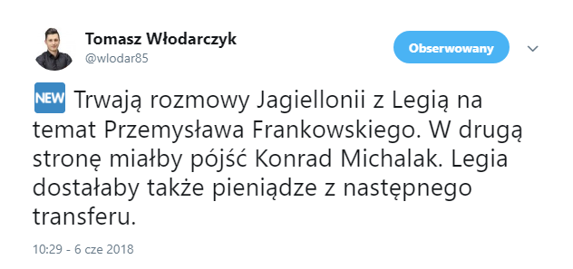 Legia może wymienić swojego skrzydłowego na Frankowskiego z Jagi